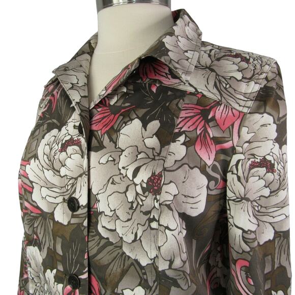 Chico's Size 1 Button Front Blouse Jacket Long Sleeve Taupe Coral Floral Motif - Picture 3 of 10